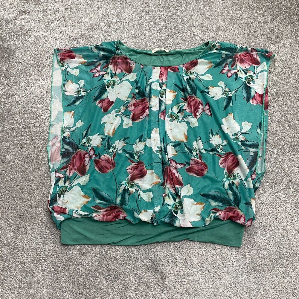 BaiShengGT Floral Blouse Womens Large Green Sleeveless Lined Casual Stretch Top